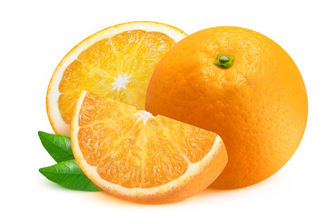 Oranges with leaves on an isolated white background. Three oranges - whole, half and slice.