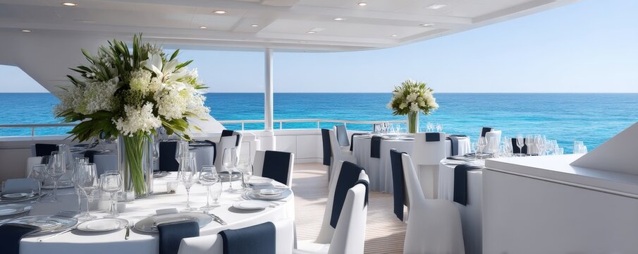 Luxury events gala dinner and elegant decor, A luxurious dining area on a yacht, featuring elegant tables and floral centerpieces, with a stunning ocean view in the background.
