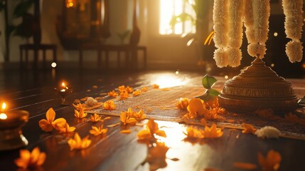 An elegant depiction of traditional Onam decorations in a home