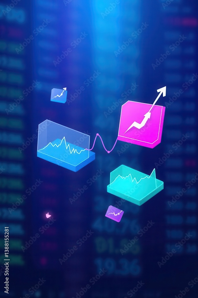 Poster digital graphs floating against a blue background represent financial data and market analysis trend