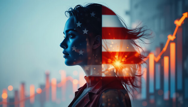Profile of a confident young woman with an American flag overlay, set against a backdrop of financial growth charts. Concept of patriotism and economic progress.