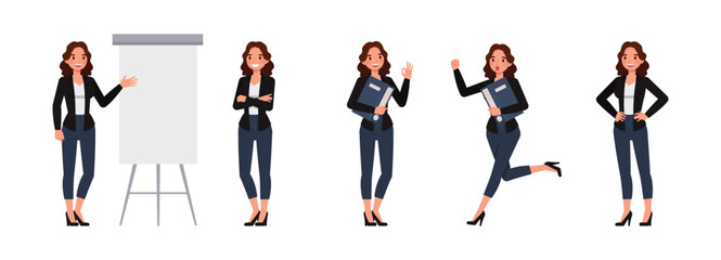 Business woman wear black shirt, long brown curly hair character vector illustration design set. Woman working in office. Presentation in various action.