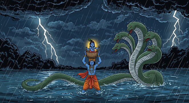 Krishna's river crossing during thunderstorm, guarded by the divine multi-headed serpent