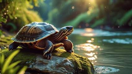 Tortoise on Mossy Rock by Serene River in Forest, with Sunlight Filtering Through Lush Greenery, Creating a Peaceful Scene with Golden Glow on Water