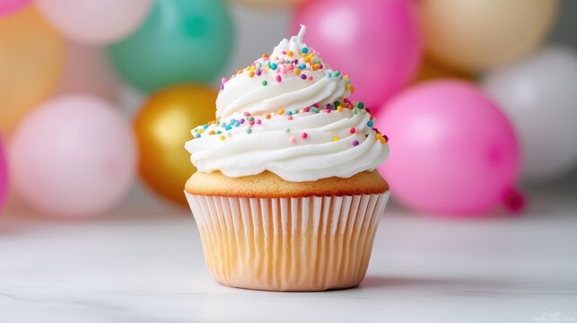 A single cupcake, frosted with white icing and colorful sprinkles, sits on a white surface. Pastel balloons form a blurred background. The image is high-quality, well-lit, and features a shallow dep
