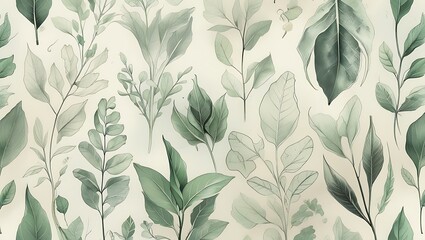 Nature's Symphony of Leaves: An artistic composition unfolds with a variety of watercolor leaves in varying shades of green. Capturing the essence of natural beauty and organic texture.