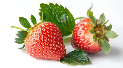 Two strawberries with leaves on a white surface close up view
