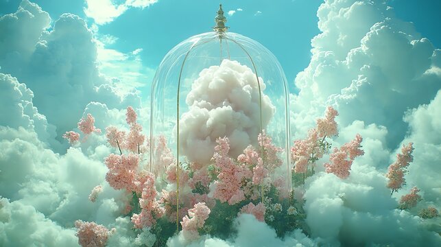 Puffy cloud in a cloche, bright blue sky with clouds behind.