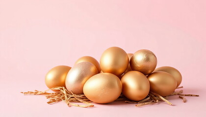 Golden Eggs Symbolizing Wealth and Prosperity Against a Pink Background