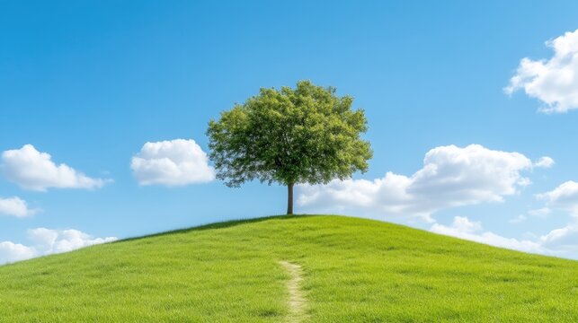 A single, lush green tree stands atop a gentle, grassy hill. The hill is vibrant green, with a small path winding upward. A clear blue sky, dotted with fluffy white clouds, forms the backdrop. The i