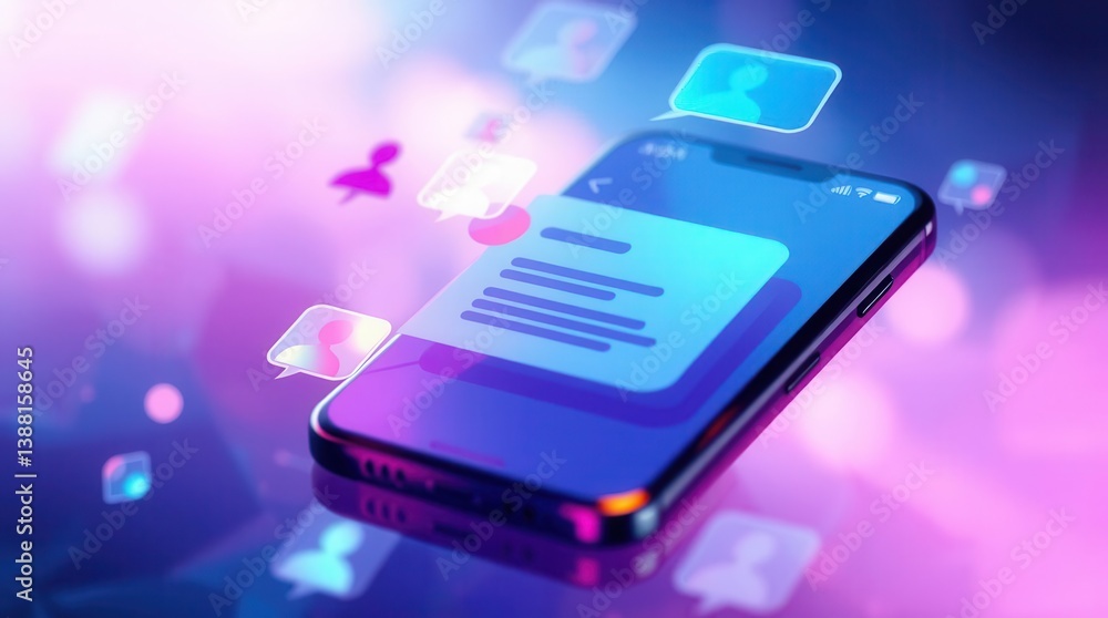 Poster smartphone with floating communication icons, showcasing connectivity and digital interaction in vib