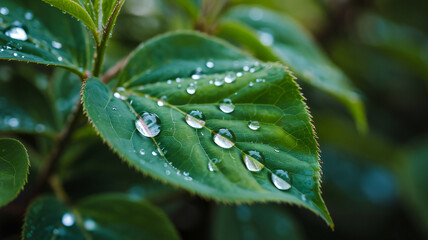 Close-up of a Lush Green Leaf Covered in Sparkling Water Droplets After a Rain Shower