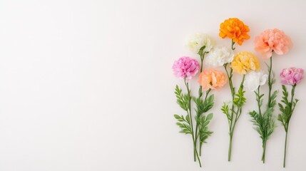 Fototapeta premium Colorful artificial flowers arranged in rows on a white background