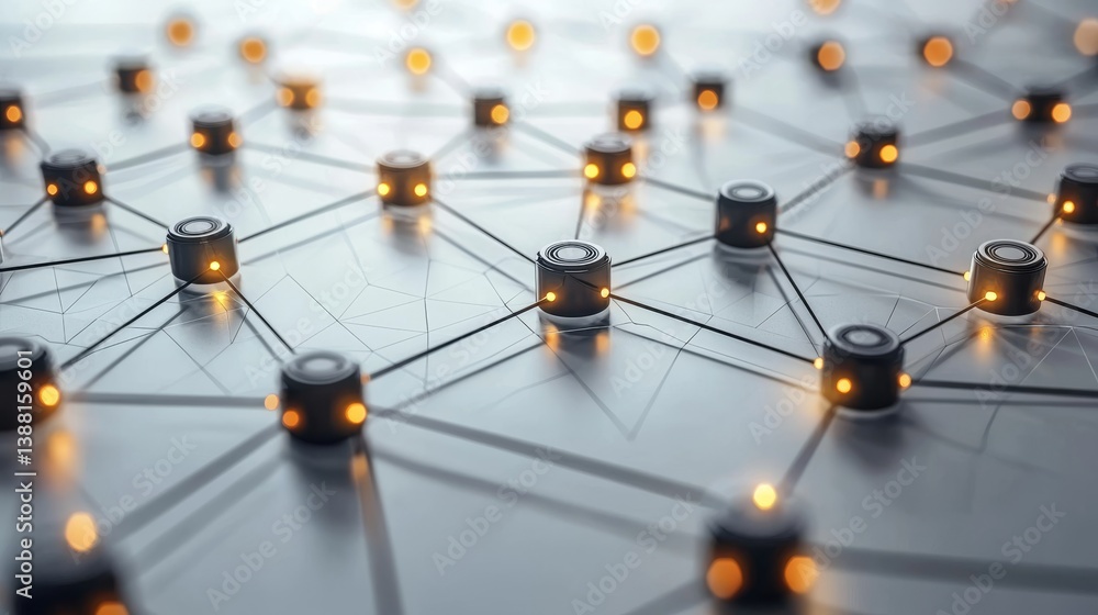 Poster abstract futuristic network with glowing nodes connected by thin lines on a metallic surface, repres