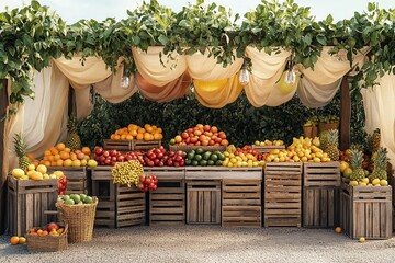Vibrant summer market featuring wooden crates filled with fresh fruits and vegetables