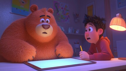 Animated bear and boy drawing together at a desk.  A warm, animated friendship