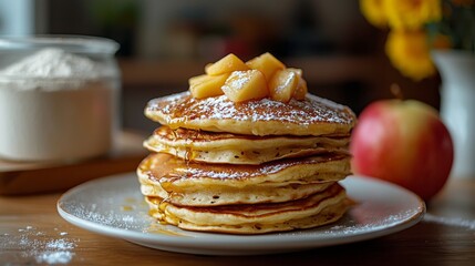 A stack of pancakes with powdered sugar and a sliced apple on top