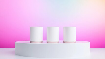 Three blank cylinders on a white pedestal against a pink backdrop