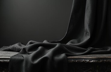 Black silk fabric gracefully drapes over ornate antique table against dark background. Luxurious silk texture, smooth shiny cloth. High-end product demo. Elegant vintage style.