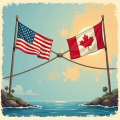 Trade relationship between the US and Canada illustrated on a serene waterfront