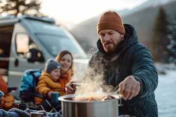 Nomadic family enjoys a warm winter meal beside their camper van, embracing the freedom of vanlife, sharing moments and meals in nature despite the cold weather.