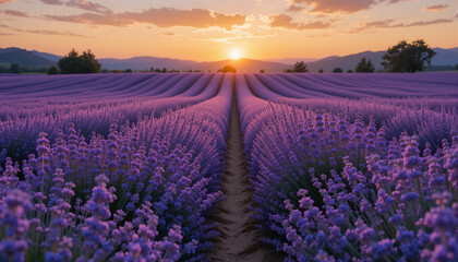 Obraz premium Lavender Fields at Sunset: A mesmerizing panorama unfolds, where rows of vibrant lavender blossoms stretch towards the horizon, bathed in the warm, golden embrace of a setting sun.