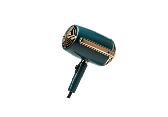 A floating vintage hair dryer with a sleek design, perfectly horizontal, on a solid white background