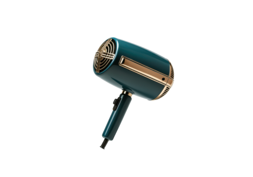 A floating vintage hair dryer with a sleek design, perfectly horizontal, on a solid white background