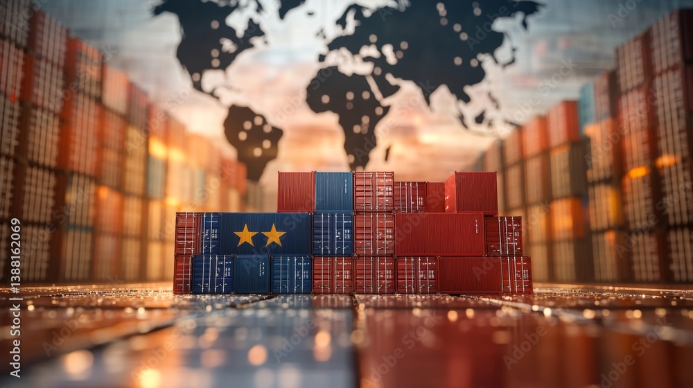 Poster global trade event shipping containers displayed against world map industrial environment dynamic vi