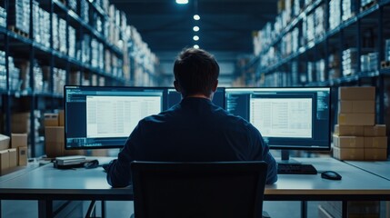 Managing Inventory Man Sits in Warehouse Office Using Computer