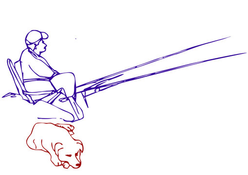 Fisherman with a dog sits on a chair and catches fish fishing rods in a pond. Drawing with colored pens
