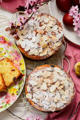 Traditional Easter italian pannetone and painted eggs.