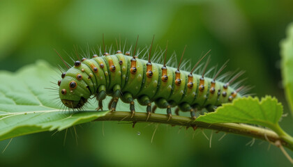 Fototapeta premium Caterpillar on Leaf: An eye-level view of a vibrant green caterpillar crawling on a lush leaf, depicting the detailed texture and the caterpillar's life cycle and beauty.