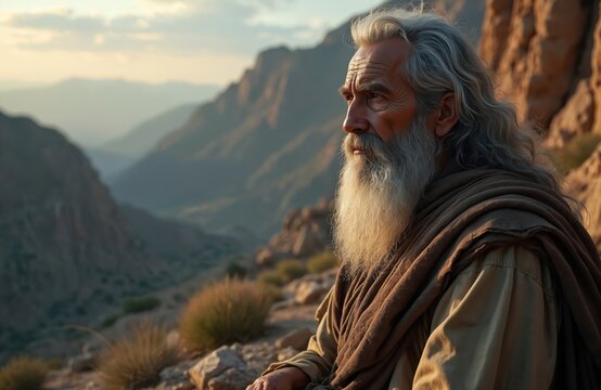 Elderly prophet, Moses, sits on mountain top, looks into distance. Old man has long white hair beard wears traditional clothes. Biblical figure contemplates future in dramatic setting.