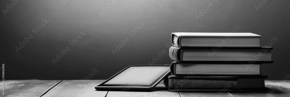 Poster elegant monochrome backdrop with books and a digital tablet creating a sophisticated educational atm