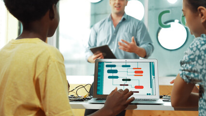 Back view of diverse student coding system while pointing at screen. Teacher standing while explain...