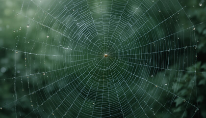 Obraz premium Spiderweb Artistry: The image captures the intricate design of a spiderweb glistening with dewdrops, showcasing the artistry of nature's architects and natural patterns.