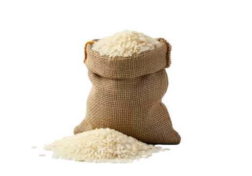 floating burlap sack overflowing with grains of rice spilled on  a solid white background