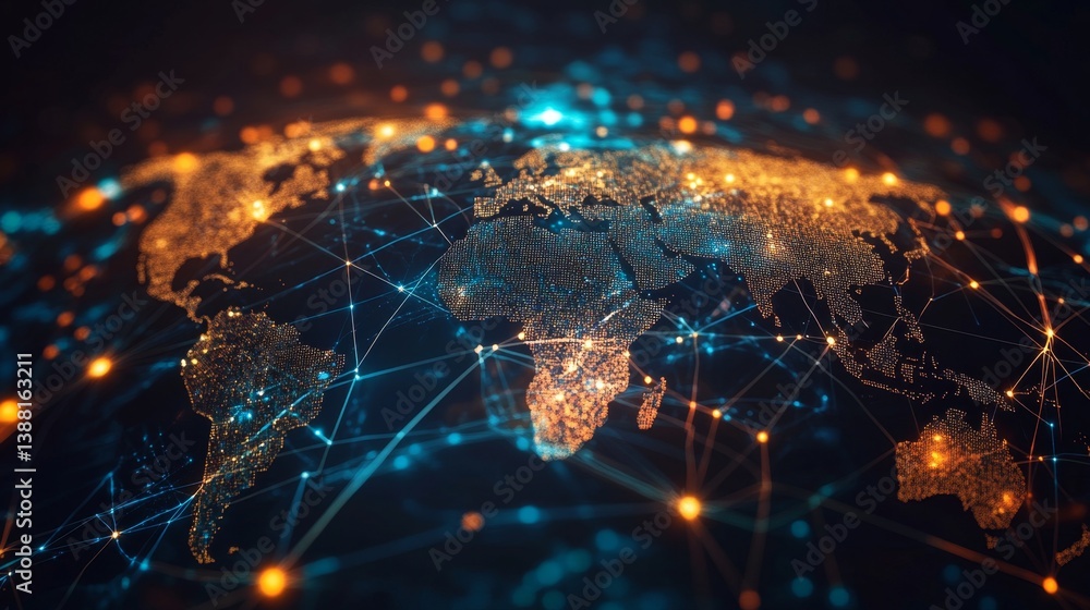 Poster global network connectivity visualization digital world map infographic high-tech environment aerial