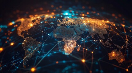 Obraz premium Global network connectivity visualization digital world map infographic high-tech environment aerial view data representation