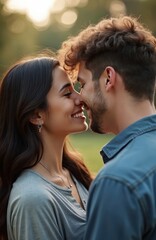 Fototapeta premium Young couple shares intimate moment outdoors, kissing noses. Close-up of happy faces, love, relationship. Romantic date at nature. Man, woman in love. Blurred green background suggests joyful