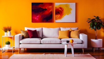 Modern living room with bright orange wall, neutral sofa, colorful pillows, abstract art, indoor plants, and cozy contemporary decor.


