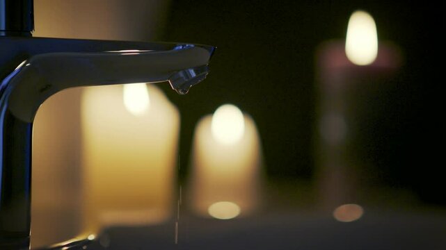 Close-up of dripping water from a faucet with blurred candlelight in the background. Calm, intimate atmosphere in a bathroom or spa setting.