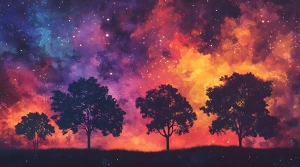 Colorful fireworks painting the sky over a serene countryside with trees silhouetted below