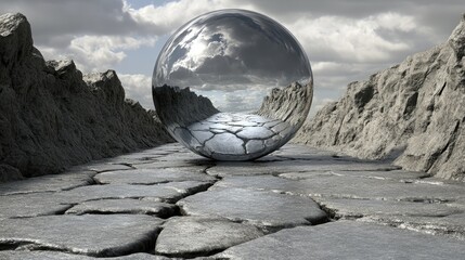 Reflective sphere on cracked stone path through mountains