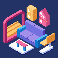 Isometric illustration of a stylish furniture interior design