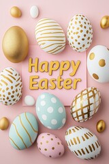 Fototapeta premium Festive Easter eggs with intricate gold and white designs, set against a pastel background for a spring holiday celebration. Happy Easter!