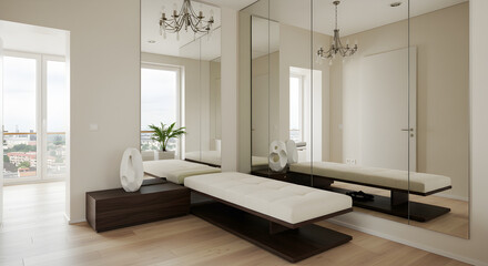 Modern Foyer Design with Bench and Oversized Mirror in a Luxury Penthouse