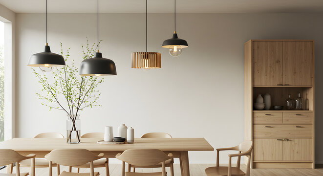 Elegant Scandinavian Dining Room with Pendant Lights and Birch Branches