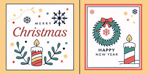 Festive Merry Christmas Happy New Year Greeting Cards Vector Wreath Candle Snowflake Design